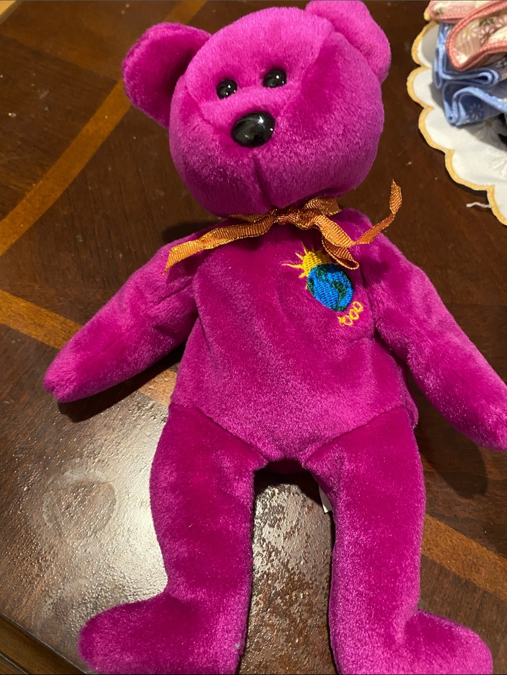 Ty vintage/rare Magenta Plush Teddy Bear with Embroidered Planet and Gold Ribbon